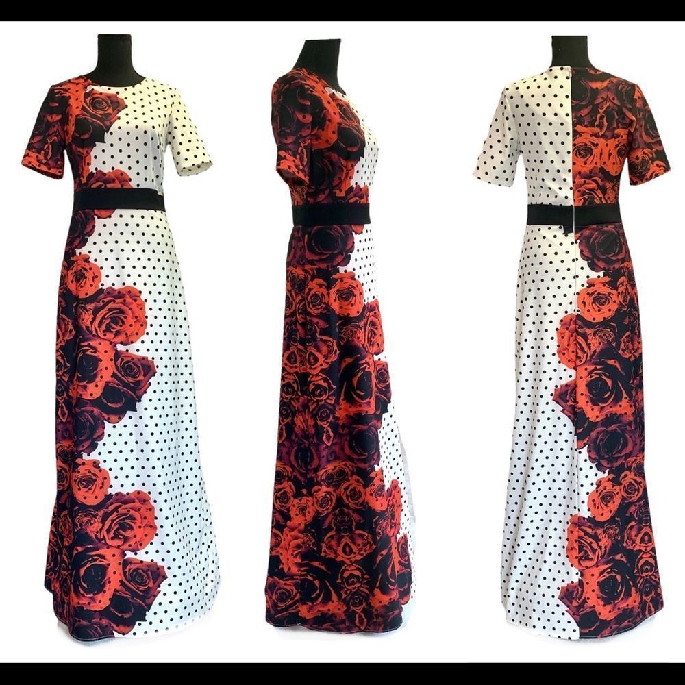 Copcapy Red white polkadot rose floral short sleeve maxi dress Sz 38 NWOT